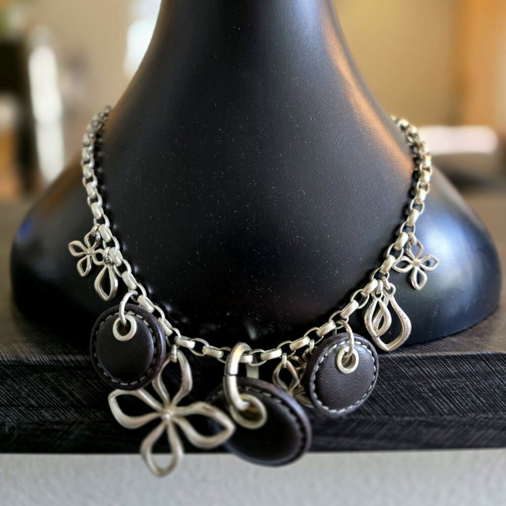 Fossil - Silver Floral Leather Charm Toggle Necklace Brown Mixed Media Boho